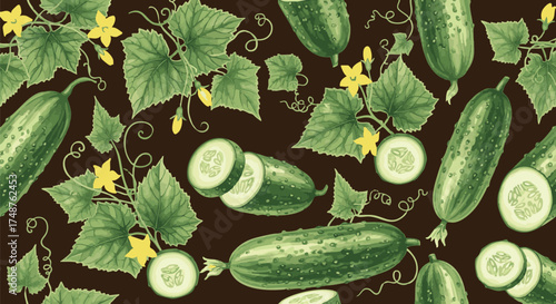 A vibrant, repeating pattern featuring fresh green cucumbers, delicate yellow flowers, and lush leaves on a dark background