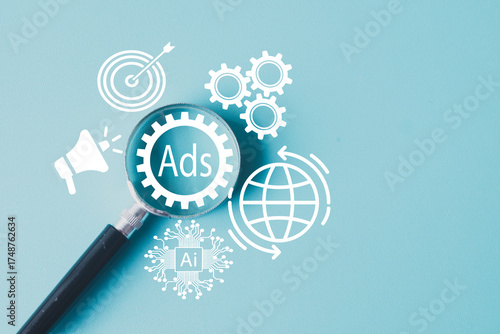Advertising Technology (AdTech) concept. A magnifying glass focuses on an 'Ads' icon, surrounded by symbols for AI, audience targeting, and global reach for digital marketing campaign optimization.