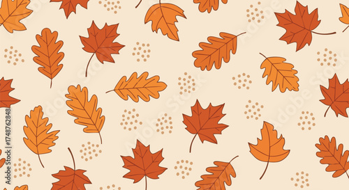 Autumn leaves seamless pattern design. Featuring maple and oak leaves, it's perfect for fall backgrounds, textile prints, and seasonal themed designs
