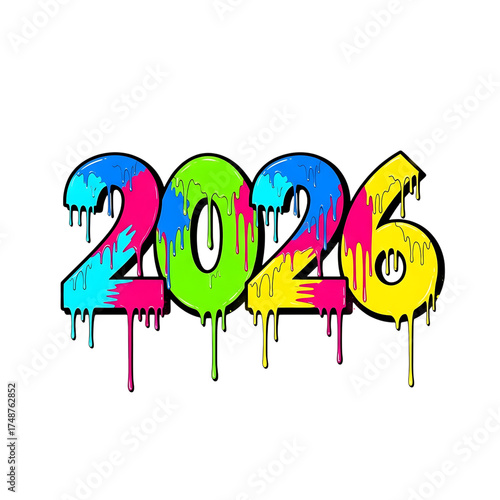 Graffiti style 2026 with dripping paint isolated on transparent background, perfect for urban themed designs and new year graphics
