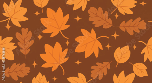 Autumn seamless pattern background with orange leaf and star elements. Fall season flat vector illustration