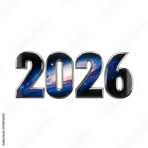 The year 2026 filled with a galaxy isolated on transparent background, a cosmic and futuristic design for new year celebrations and events