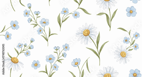 Charming watercolor seamless pattern featuring delicate white daisies with heart centers and light blue forget-me-nots on a clean white background