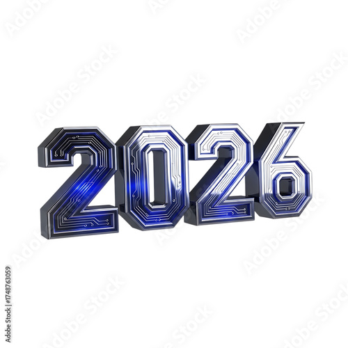 Futuristic 2026 year digits with circuit board texture and blue light effect isolated on transparent background for technology concept designs