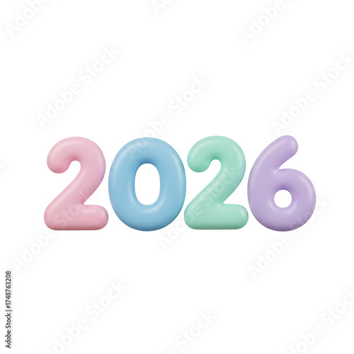 Pastelcolored 3d rendering of the year 2026 with soft pink, blue, green, and purple balloonlike numbers isolated on transparent background