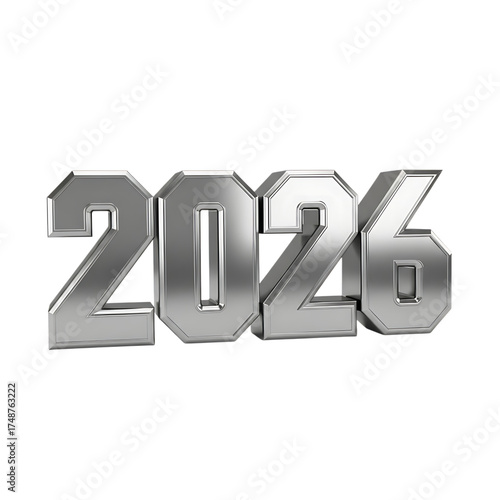 Shiny metallic 2026 isolated on transparent background, symbolizing the upcoming year with a modern and sleek design for various applications