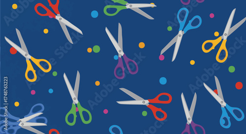 Colorful scissors pattern on blue background illustration. Fun, vibrant design for crafts, education, or creative projects