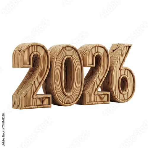 Wooden 3d rendering of the year 2026 with natural wood grain texture and intricate details isolated on transparent background