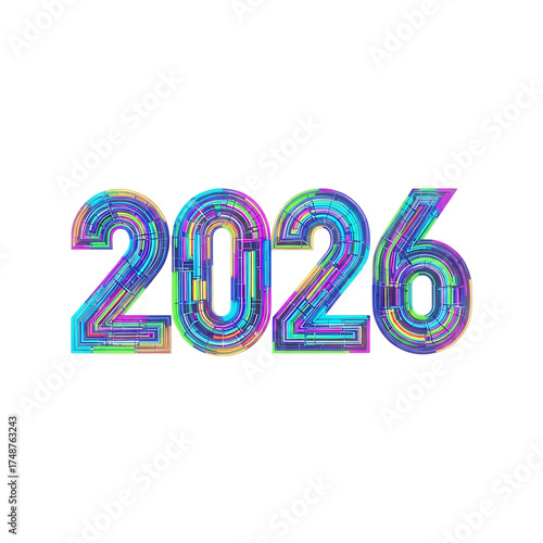 Vibrant futuristic 2026 isolated on transparent background, showcasing a digitalinspired design for modern and techrelated themes and projects