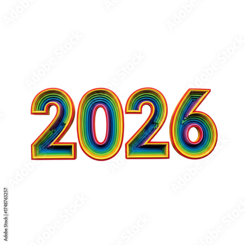 Layered rainbow 2026 isolated on transparent background, presenting a colorful and artistic design suitable for diverse creative projects and themes