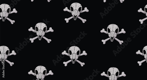 Creepy seamless pattern featuring stylized rabbit skulls with crossbones over a solid black background