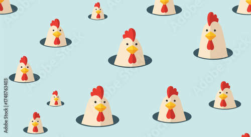 Cute seamless pattern with cartoon chicken heads popping out of holes on a light blue background