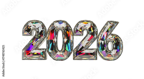 The year 2026 in crystal letters isolated on transparent background, a sparkling symbol of the future, shining bright with hope and anticipation