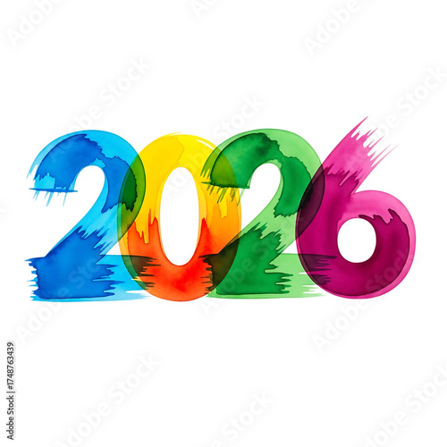 The year 2026 in watercolor isolated on transparent background, a vibrant and colorful representation of the future, full of creativity and joy