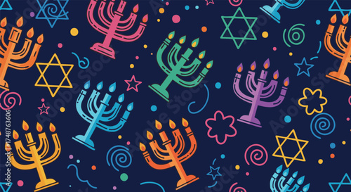 Festive Hanukkah vector pattern featuring menorahs and Star of David symbols in bright colors on a dark blue background