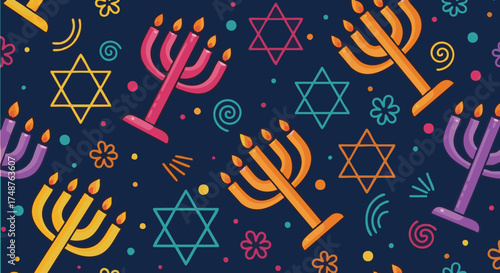 Festive Hanukkah seamless pattern illustration with menorahs and star of David on dark background