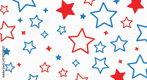 Festive red, white, and blue stars background. A celebratory seamless pattern perfect for July 4th, Memorial Day, or patriotic events