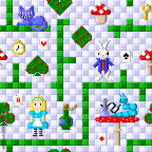 Seamless pattern of wonderland pixel art in style of eight-bit game. Alice, rabbit, cat, mad hatter, caterpillar, mushrooms in style of 8-bit game. Vector illustration.