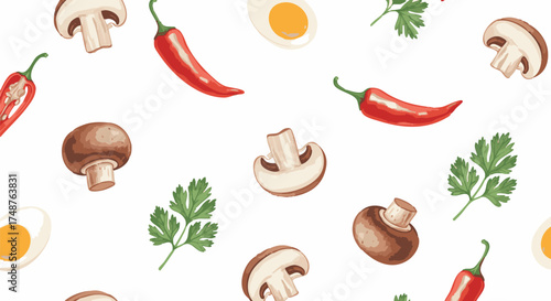 Repeating seamless pattern of common cooking ingredients, including mushrooms, spicy red chili peppers, parsley, and sliced eggs