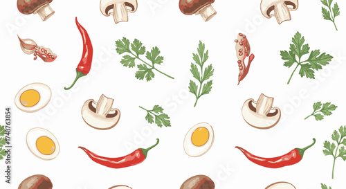Repetitive vector illustration pattern featuring red chili peppers, sliced mushrooms, eggs, and parsley sprigs scattered on a white background