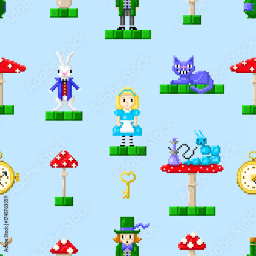 Seamless pattern of wonderland pixel art in style of eight-bit game. Alice, rabbit, cat, mad hatter, caterpillar, mushrooms in style of 8-bit game. Vector illustration.