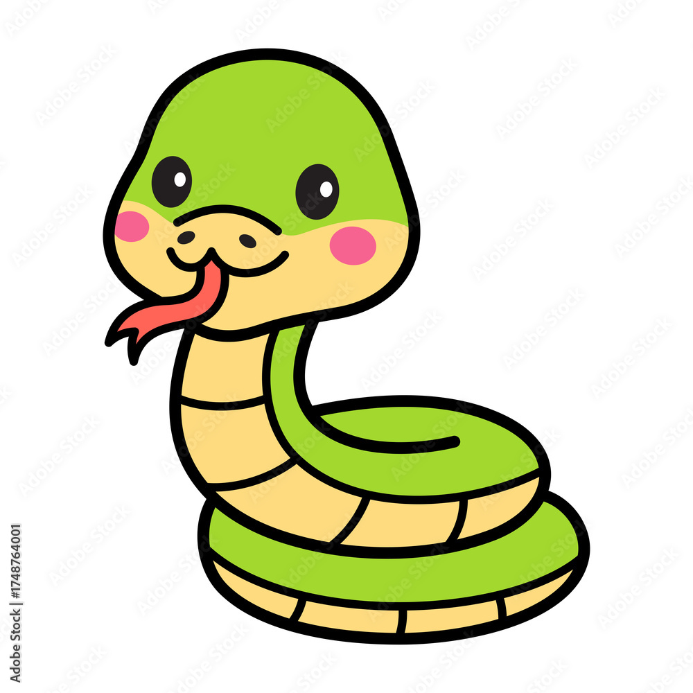 Fototapeta premium Cute Green Cartoon Snake With Yellow Belly and Pink Cheeks And Red Tongue Flicking In A Playful Pose Isolated On White Background Simple Vector Art