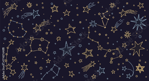 Seamless hand-drawn pattern of constellations, shooting stars, and various celestial bodies on a dark blue night sky background