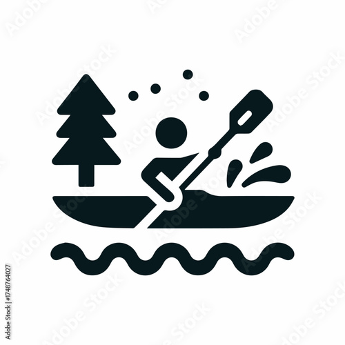 Monochrome Simple Kayak or Canoe Icon with Paddler, Water, and Tree

