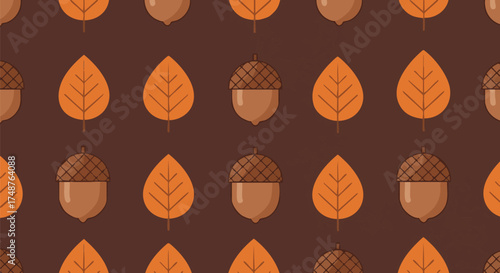Seamless pattern featuring autumnal elements. Illustration of orange leaves and acorns against a brown background