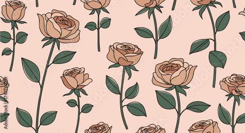 Seamless pattern featuring stylized, sketch-like blush pink roses with deep green foliage set against a light pastel background