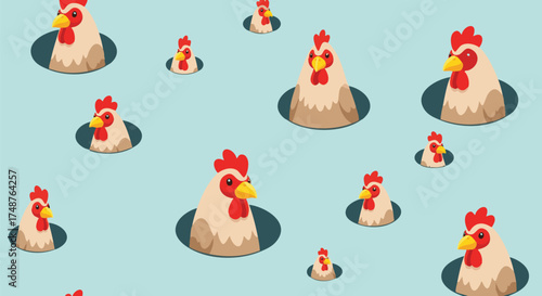 Seamless pattern of cartoon chickens in holes. Cute hen characters in an abstract background. Decorative vector illustration of poultry