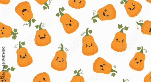 Seamless pattern of cute cartoon orange pumpkins with various funny facial expressions in a repeating tile design