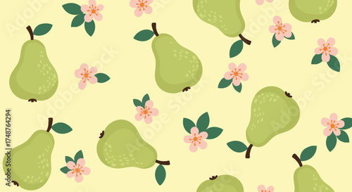 Seamless pattern of cute cartoon green pears with pink blossoms and leaves on a light yellow background