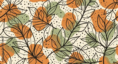 Seamless vector pattern of leaves with green and orange abstract shapes, on an ivory background