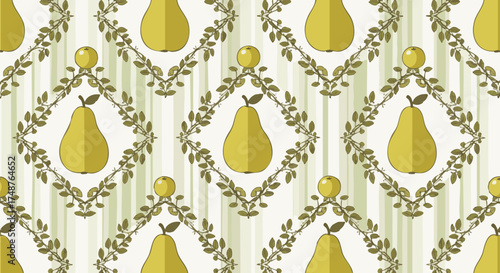 Seamless vector pattern of stylized green pears framed by intricate leafy vines on a striped background