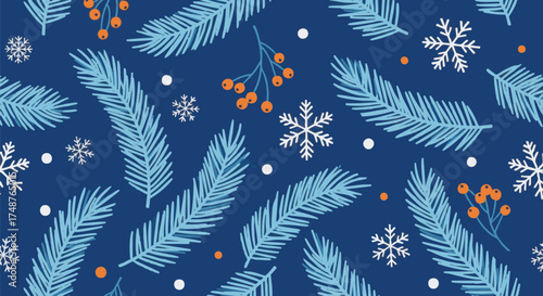 Vibrant, seamless pattern featuring stylized light blue fir branches, white snowflakes, and bright orange berries against a deep blue winter background