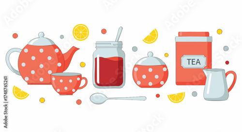 Whimsical tea time illustration featuring a polka dot teapot, tea cup, jam jar, sugar bowl, tea caddy, creamer, lemon slices, and a spoon against a white background