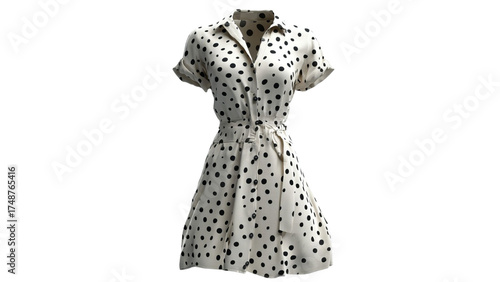 PNG of A stylish women's polka dot dress featuring a fitted waist and short sleeves, exuding a playful yet chic vibe.
