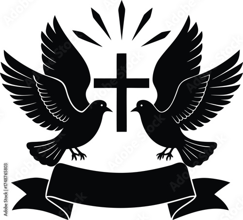 Illustration of Religious Symbols Cross and Doves with Ribbon Banner