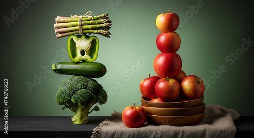 Balanced Stack of Fresh Vegetables and Red Apples on Table healthy eating fresh produce