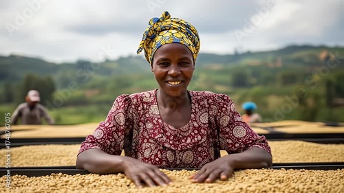 Smiling Woman In A Red Patterned Dress And Yellow Blue Headscarf Examining Coffee Beans On A Drying Rack With Lush Green Hills In The Background Under A Cloudy Sky