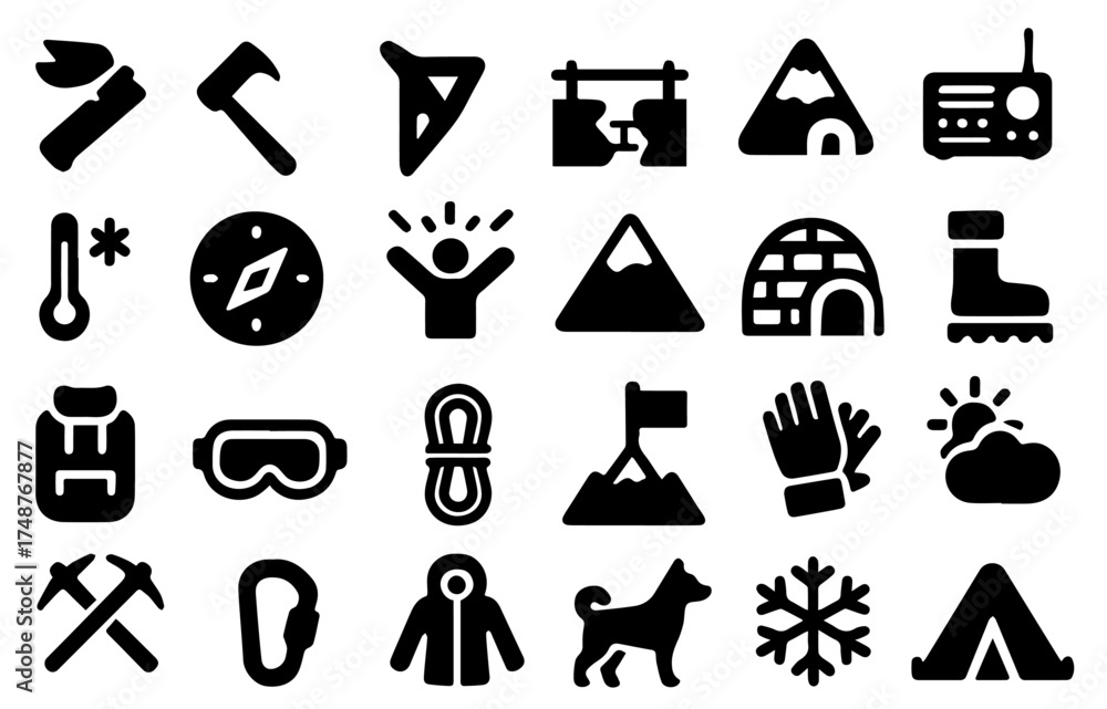 Fototapeta premium Outdoor adventure icons showcasing tools, weather, and activities for exploring nature and winter sports