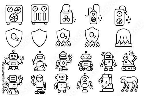 Creative collection of robot and technology illustrations focused on various activities and features in a unique design style