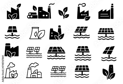 Illustrations of factories, solar panels, and eco-friendly symbols promoting sustainability and green energy solutions