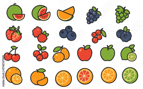 Colorful collection of fruits displayed in a playful and artistic style, showcasing a variety of shapes and colors
