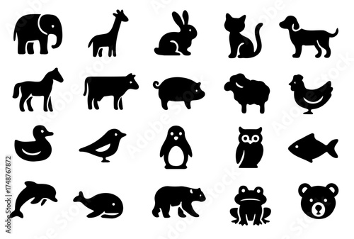 Collection of diverse animal icons in various poses and shapes suitable for educational or decorative use