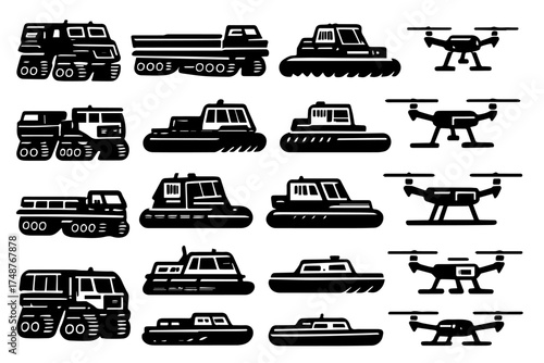 Different types of vehicles and drones depicted in a bold, stylized design showcasing land, water, and air transport all in one image