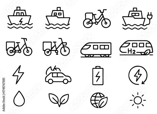Various modes of transportation symbols emphasizing electric power and sustainability concepts in everyday travel