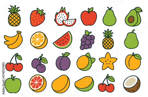 Colorful collection of cartoon fruits arranged in fun patterns on a white background for educational purposes