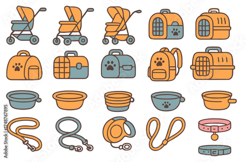 Various pet gear and travel accessories for pets, including strollers, carriers, bowls, and leashes
